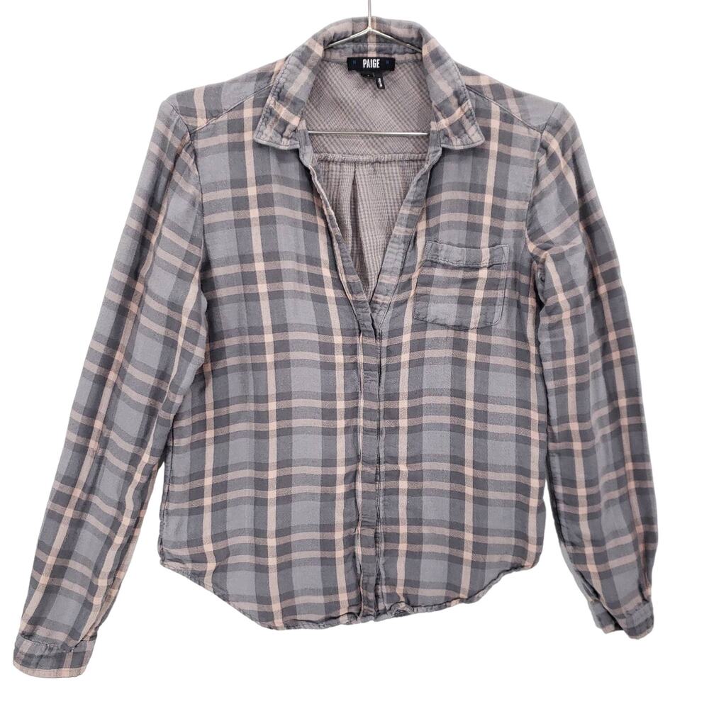 PAIGE Shirt Womens Small Gray Cream Plaid Long Sleeve Casual Flannel Popover Top